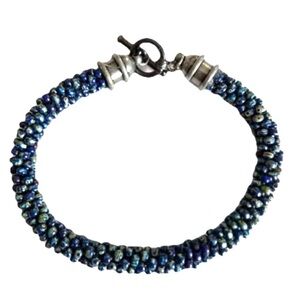 Beaded Bracelet Kumihimo Style Blue Hues Seed Beads Gun Metal Toggle Clasp